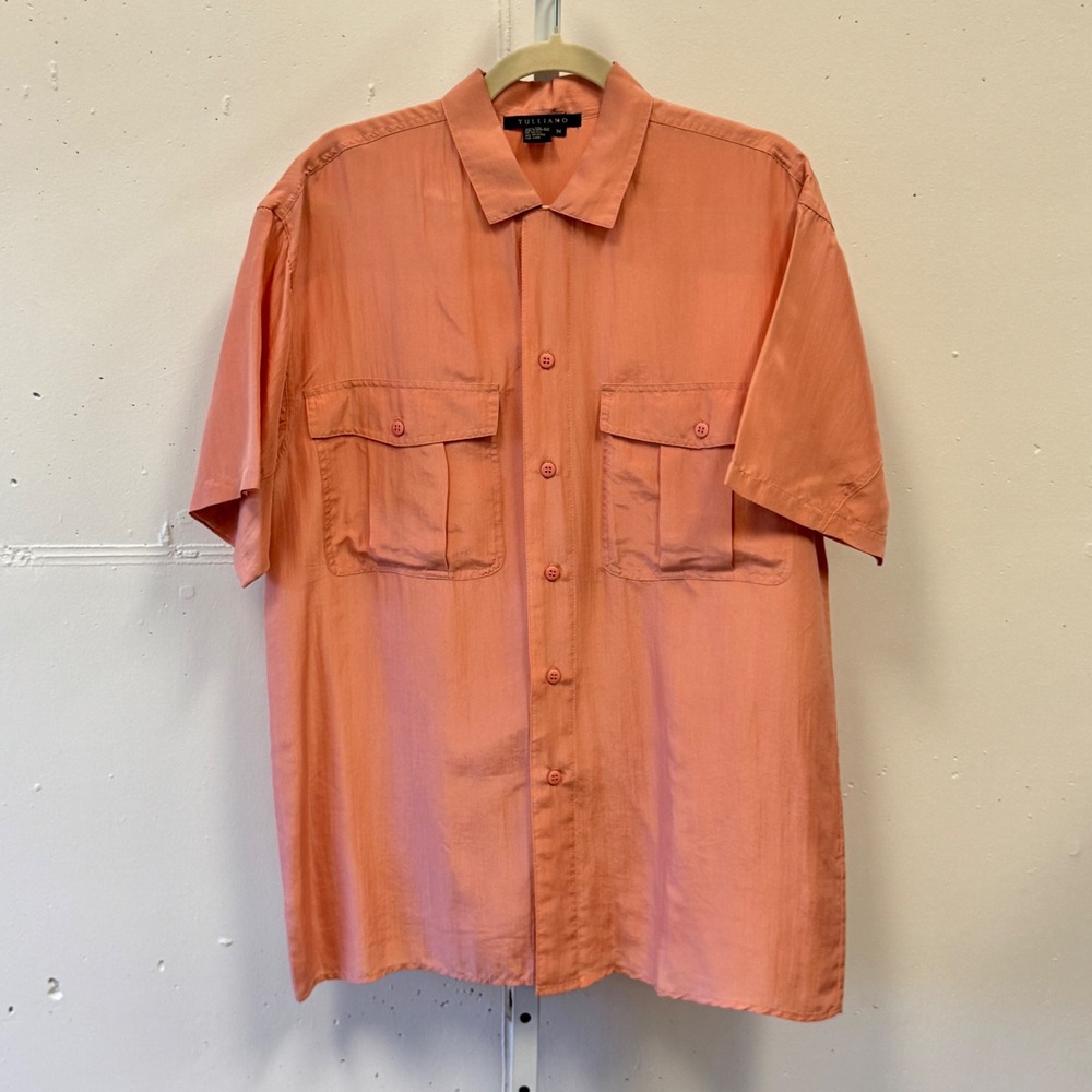 Tulliano Men's Silk Short Sleeve Button Down Shirt Peach Coral Size Medium